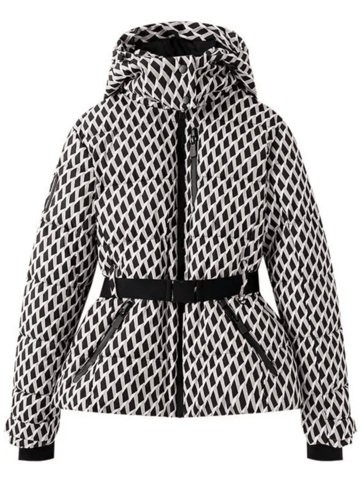 Warm women's insulated puffer ski jacket with waterproof shell & adjustable belt for comfortable snow adventures.