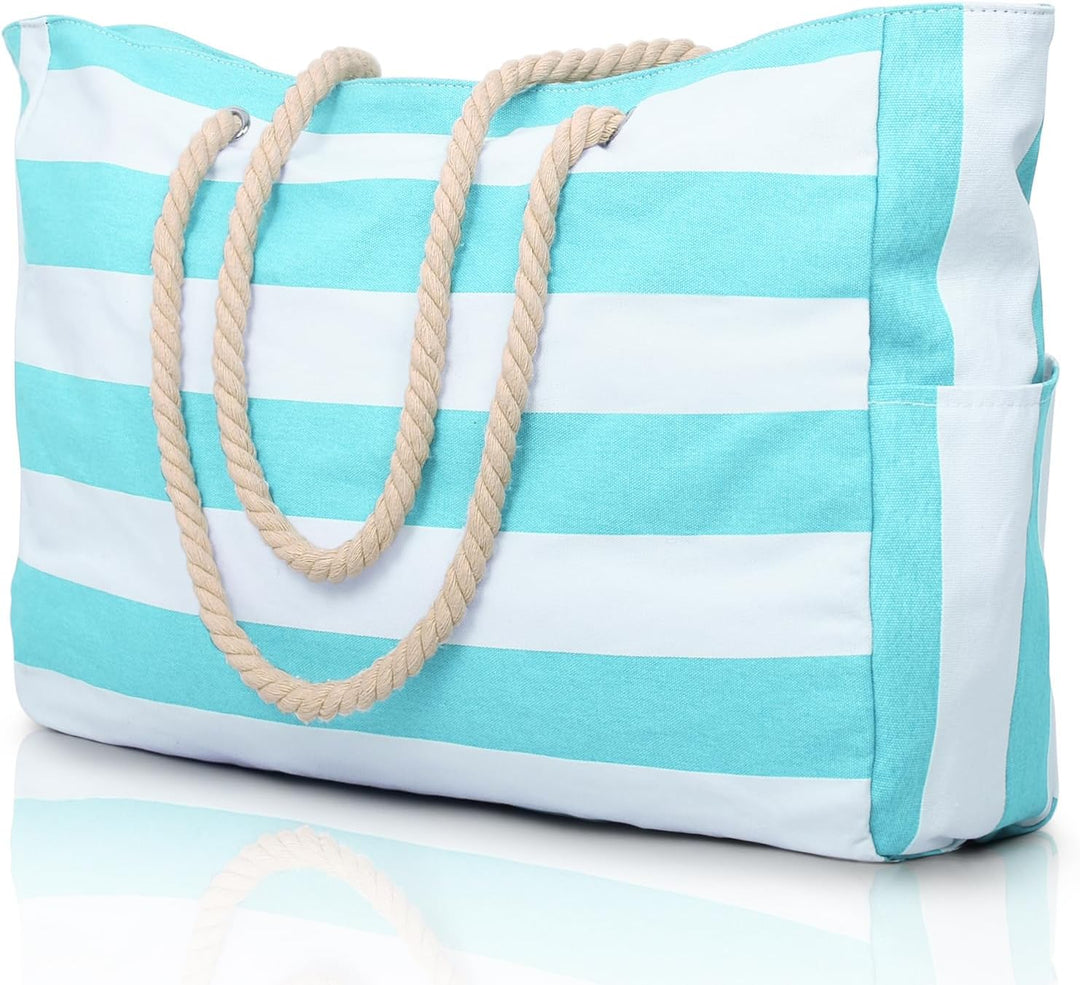 Large women's waterproof beach bag with zipped storage, perfect for towels & sunscreen.