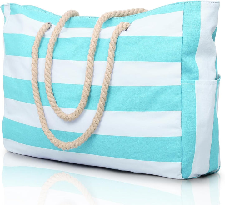 Large women's waterproof beach bag with zipped storage, perfect for towels & sunscreen.