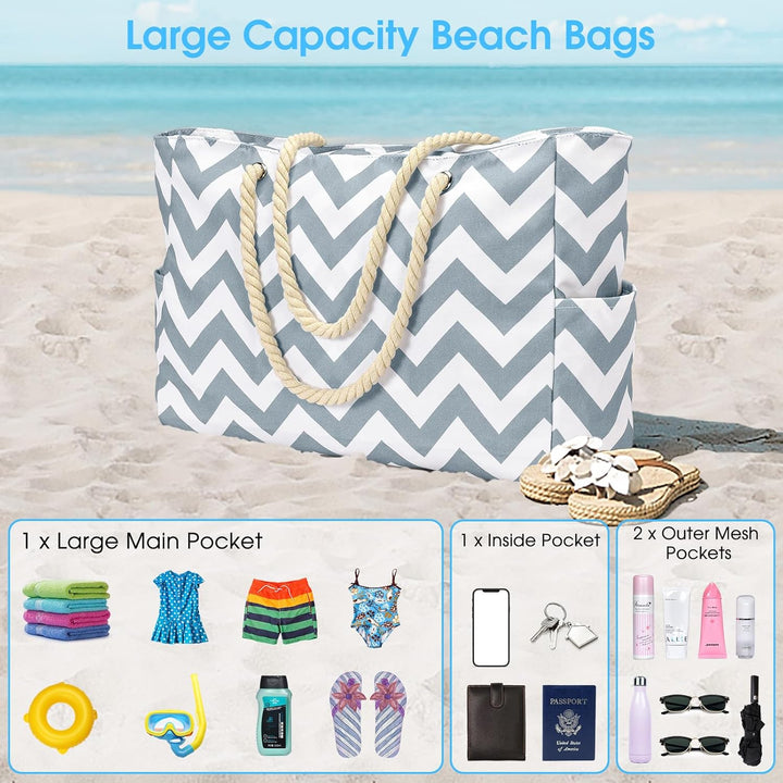 Women's practical waterproof beach tote, large & foldable, with secure zip pockets.