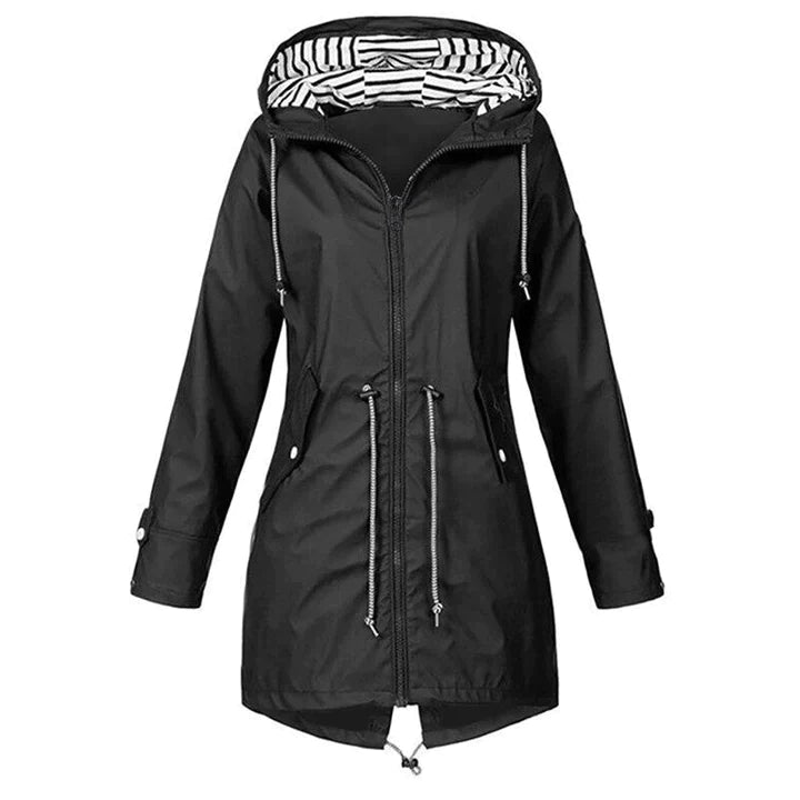 Women's waterproof outdoor rain jacket with hood, ideal for all-weather protection and activewear.