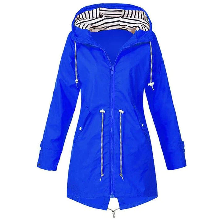 Activewear women's rain jacket, hooded and waterproof, designed for outdoor pursuits.