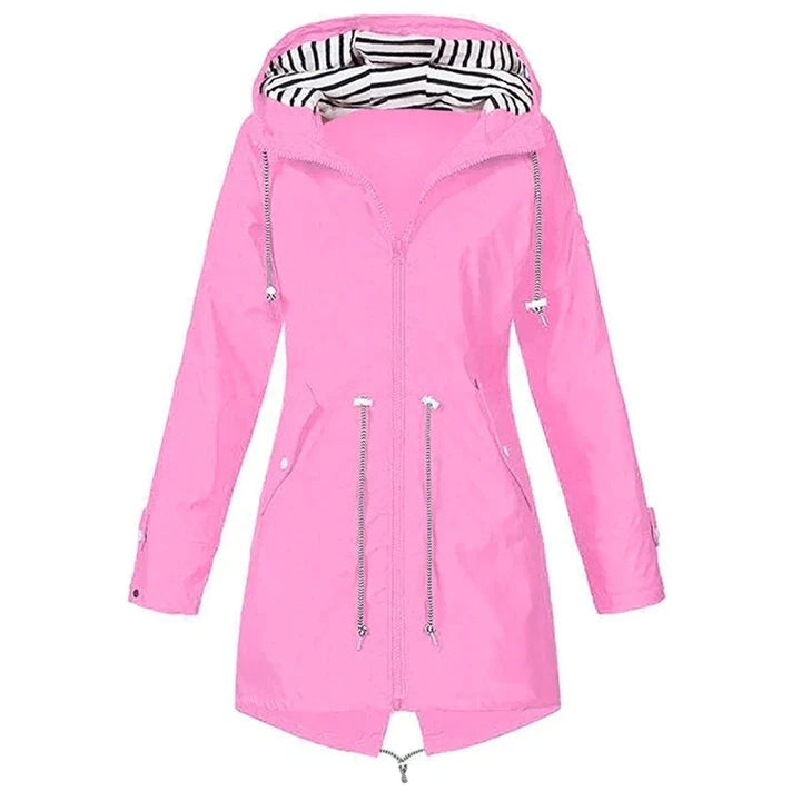 Fashionable women's hooded waterproof jacket, lightweight and ideal for casual outdoor wear.