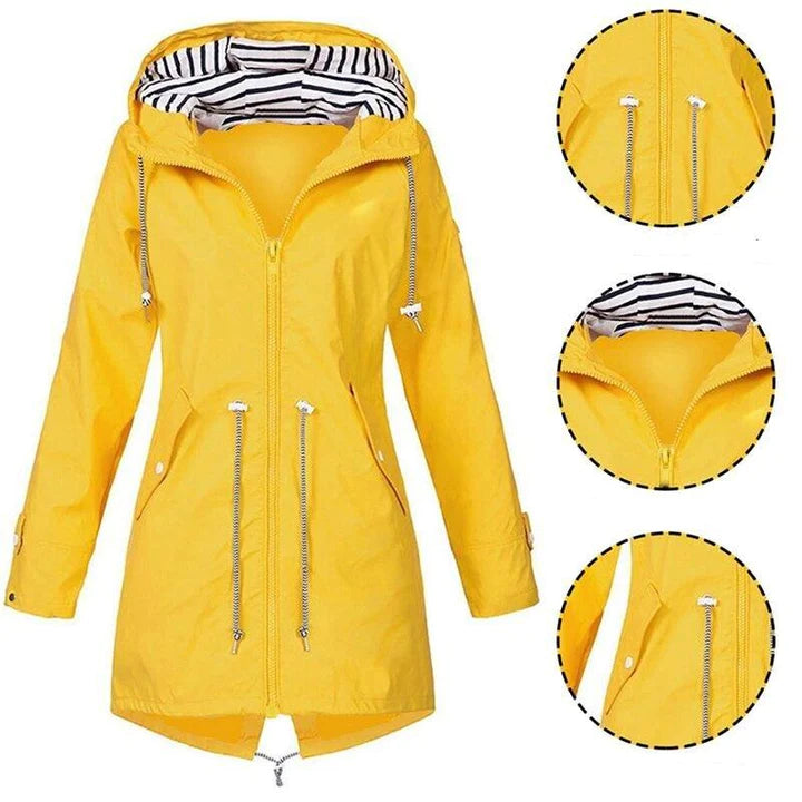 Travel-friendly women's lightweight rain jacket, fully waterproof with an adjustable hood.