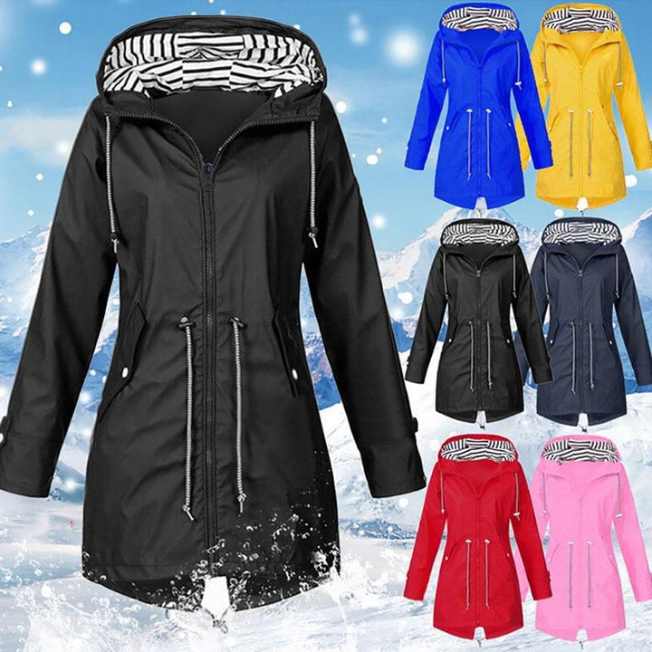 Casual women's waterproof outdoor jacket, hooded windbreaker for all-weather protection & style.