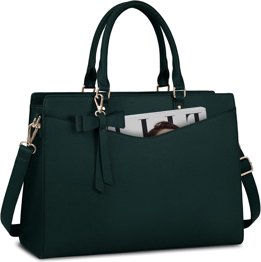 Women's waterproof PU leather laptop tote bag, front view, perfect for work & travel.