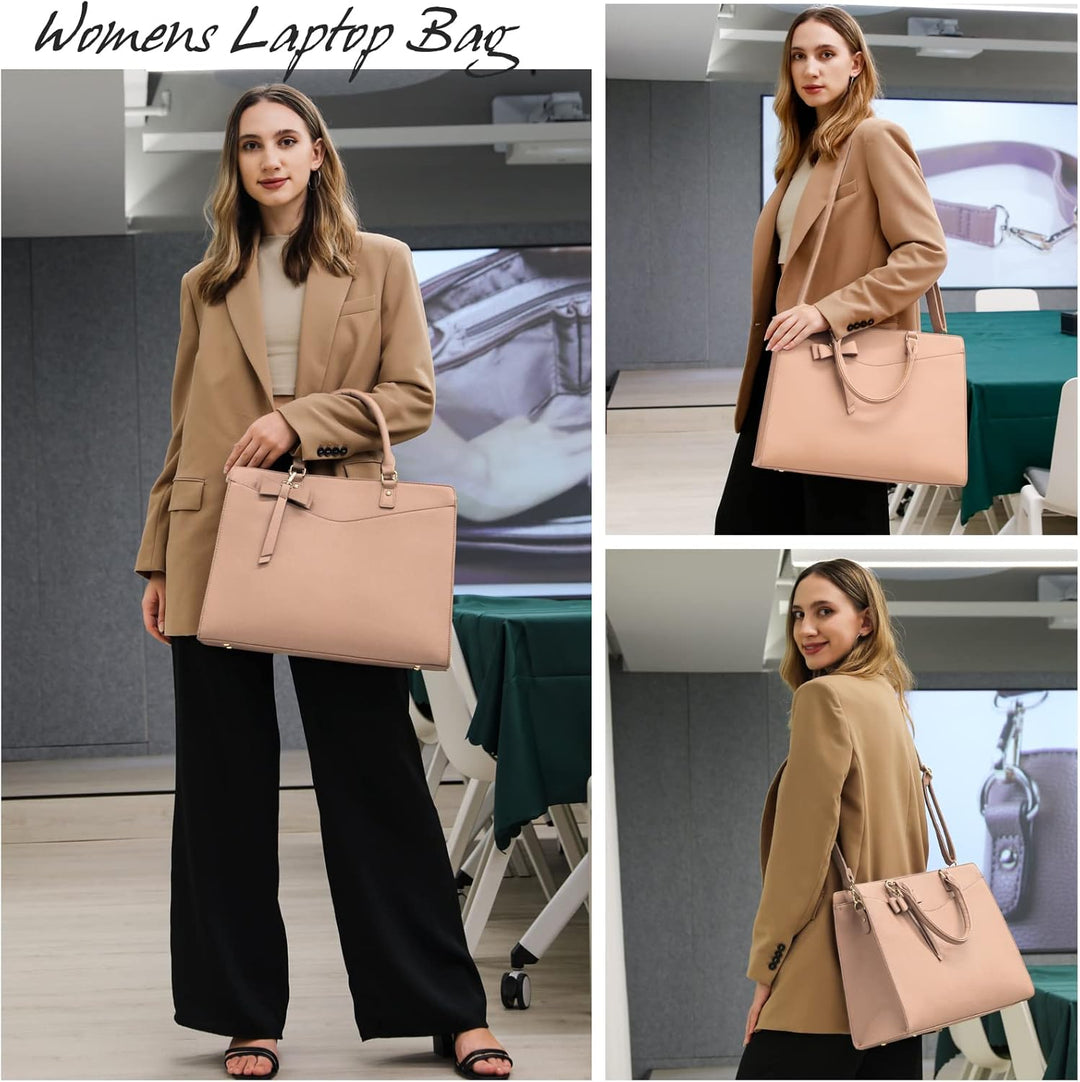 Sophisticated waterproof laptop tote bag for women, faux leather, secure zip closure.