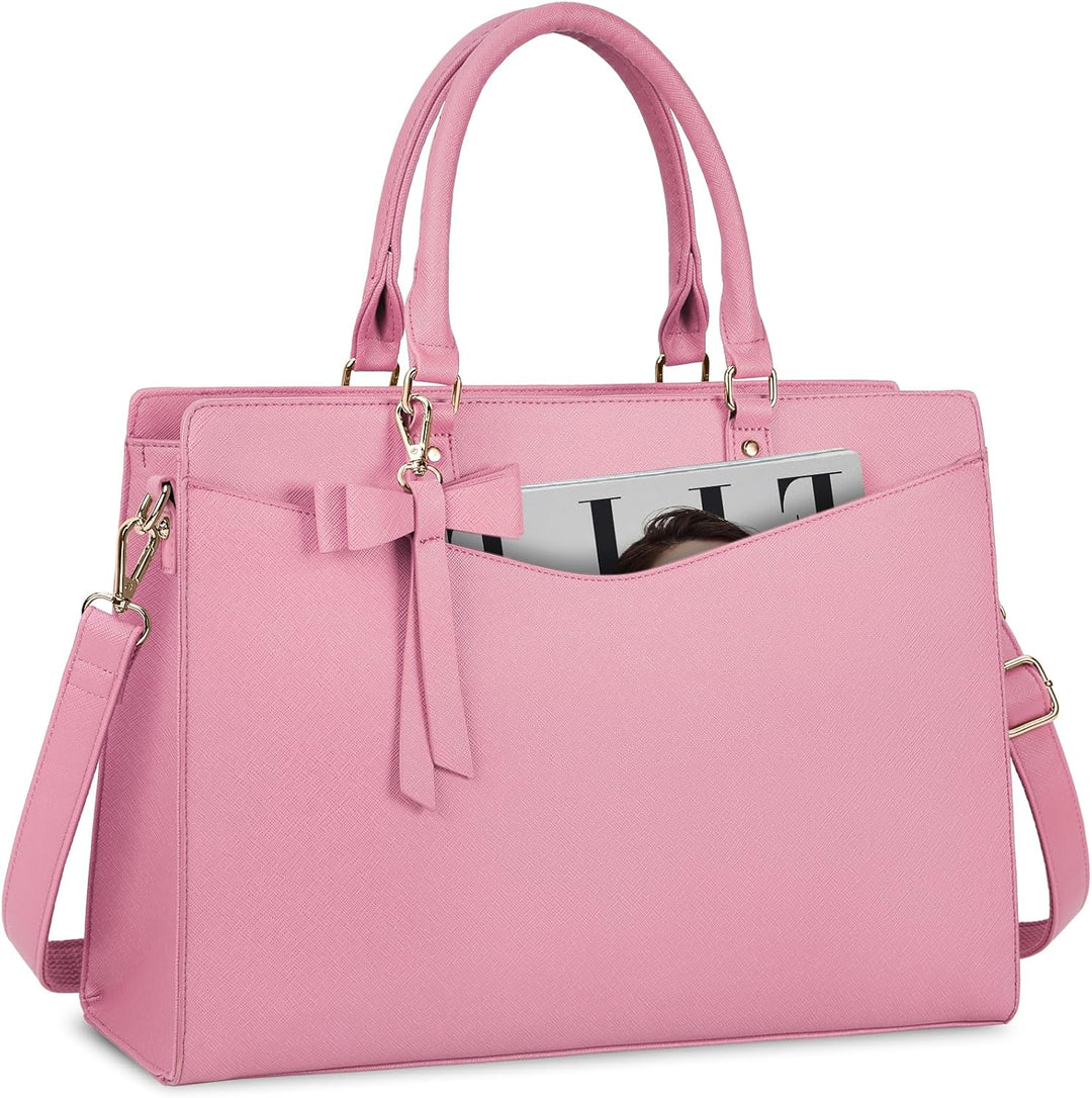 Women's waterproof PU leather tote bag, showcasing spacious interior for laptop.