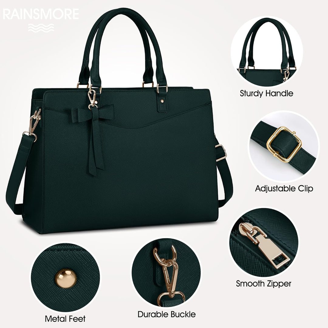 Stylish women's laptop tote bag, multiple pockets, durable waterproof faux leather.