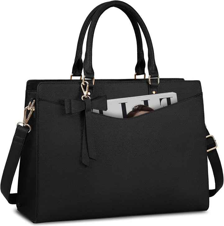 Durable waterproof women's laptop tote bag, textured PU leather, long-lasting.