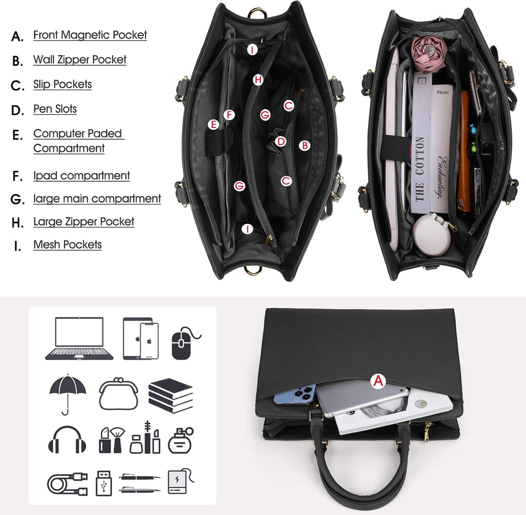 Versatile women's waterproof tote, ideal for laptop carry, multiple internal pockets.