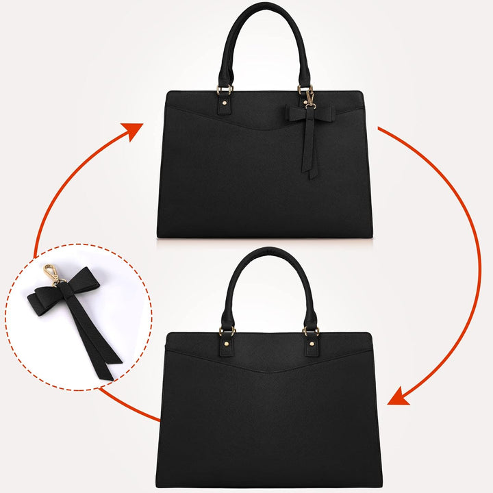 Women's waterproof faux leather laptop bag, with close-up of quality stitching.