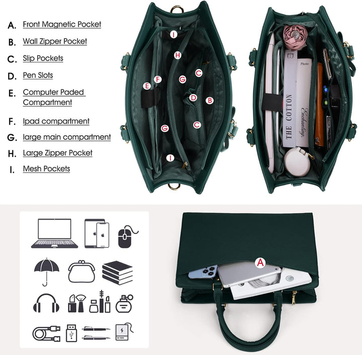 Professional women's waterproof tote bag, spacious for laptop & essentials, elegant design.