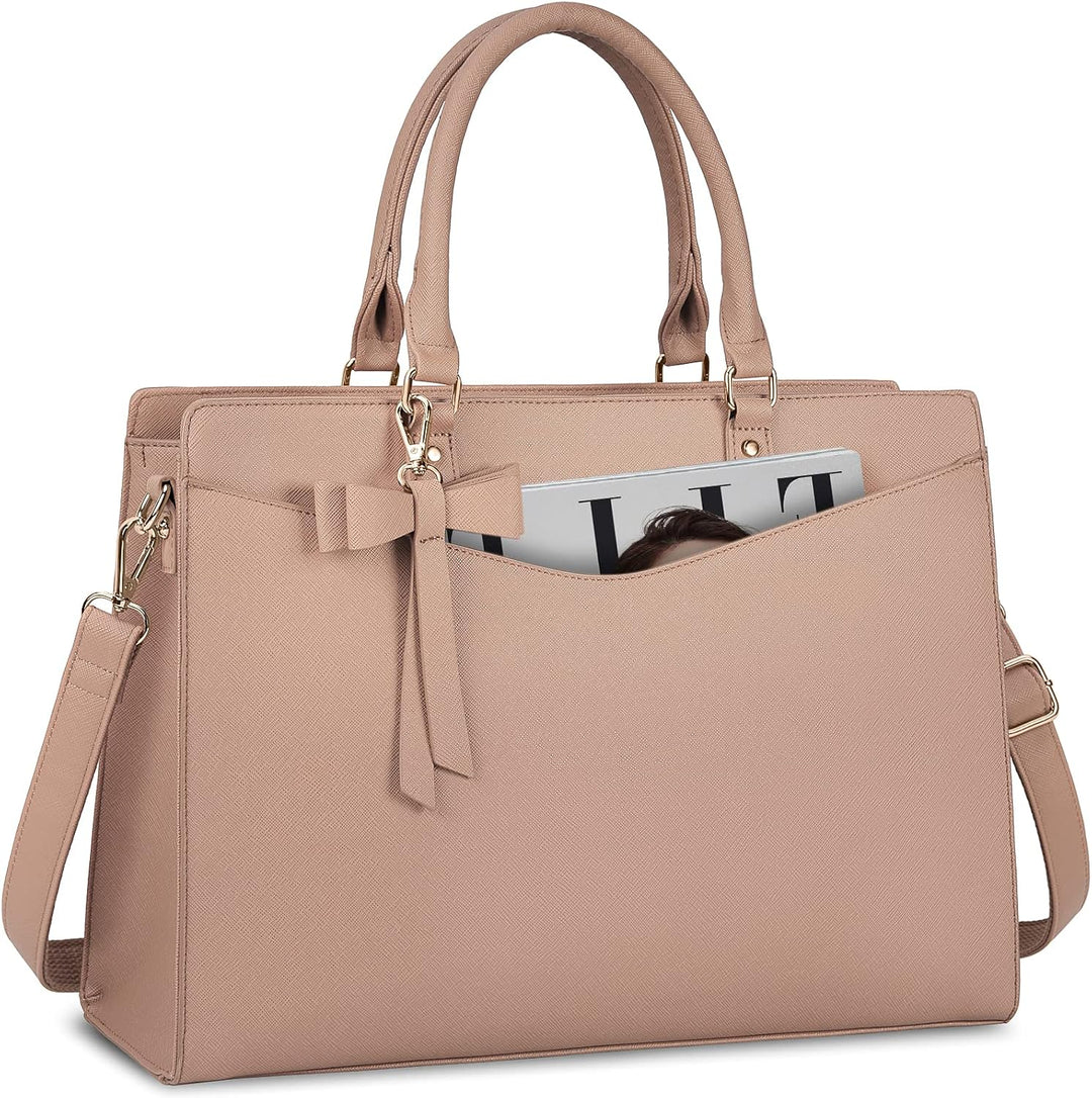 Women's multi-pocket laptop tote, waterproof PU leather, ideal for professional women.