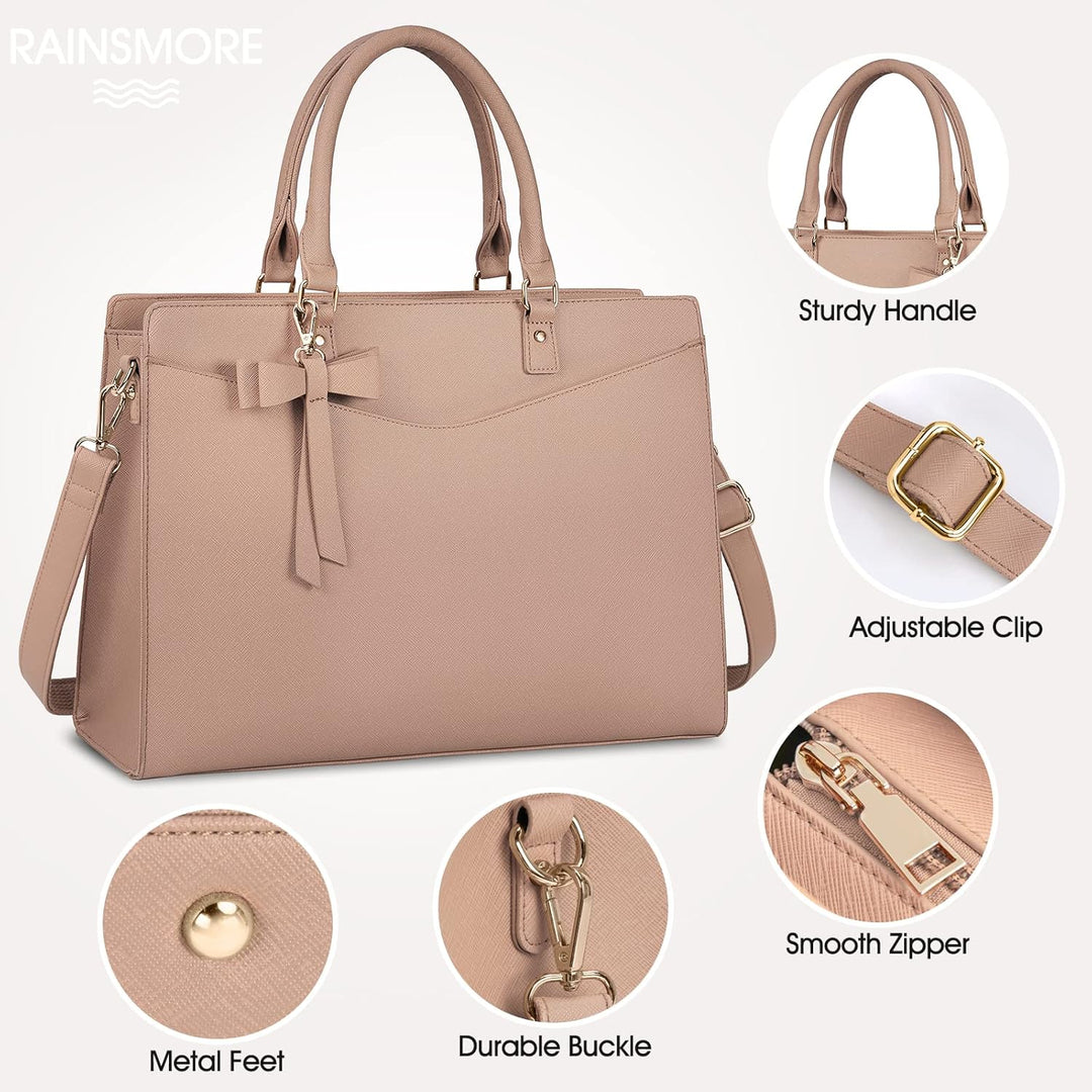 Elegant women's waterproof laptop bag with shoulder strap, organized compartments.