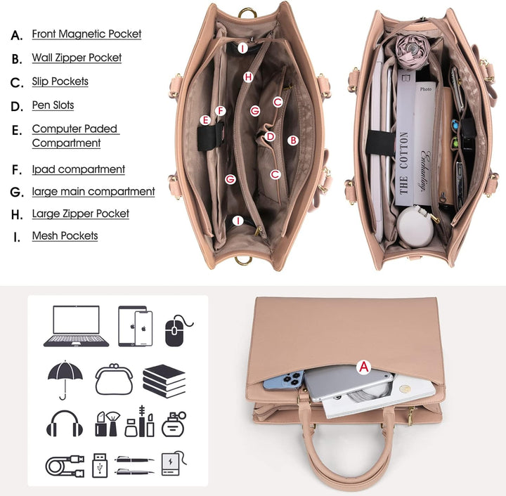Durable waterproof women's work tote bag, fits laptop & more, chic and functional.