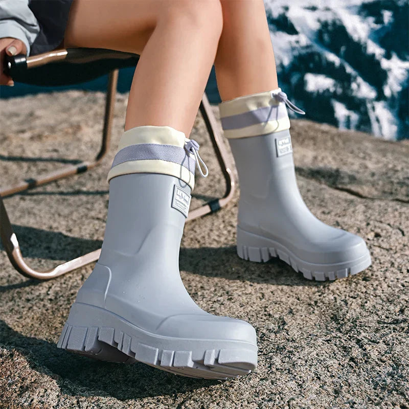 Adventure-ready women's waterproof rain boots, durable and slip-on for all wet outdoor terrains.