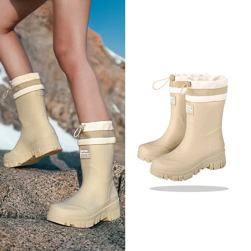 Durable women's slip-on rain boots, perfect for gardening, outdoor adventures & muddy conditions.