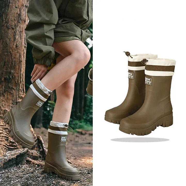 Slip-on women's waterproof boots, durable comfort footwear for gardening & rainy day protection.