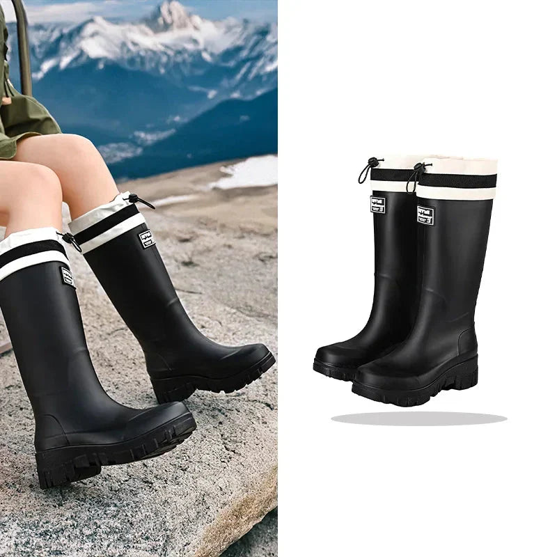 Comfortable women's slip-on rain boots, waterproof and durable for muddy outdoor activities.
