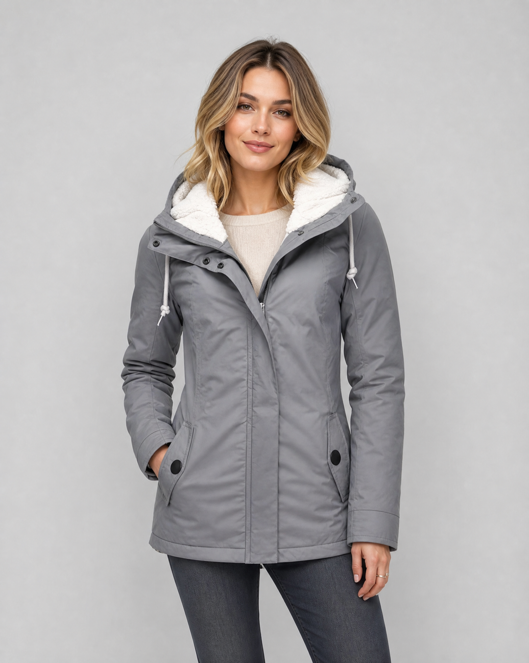 Women's waterproof rain jacket with hood, ideal for all-weather protection and style.