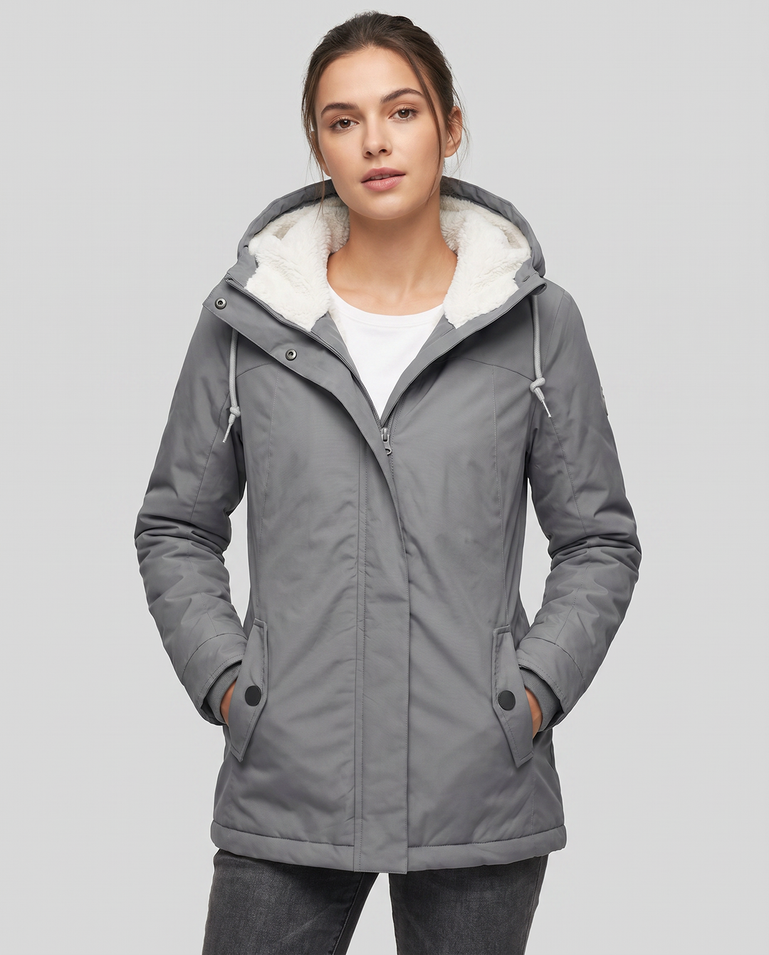 Women's all-weather waterproof rain jacket with detachable hood, great as a winter coat.