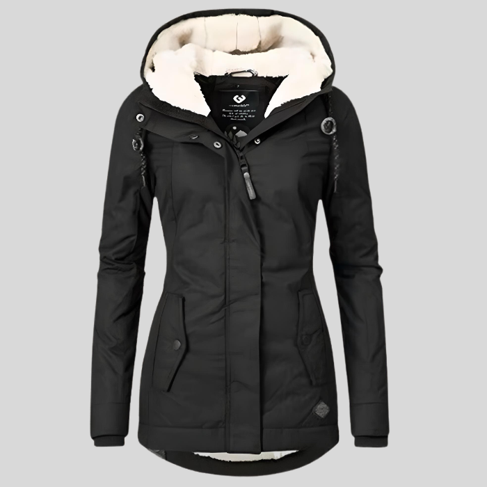 Women's waterproof rain jacket with hood, perfect for staying dry in rain and wind.
