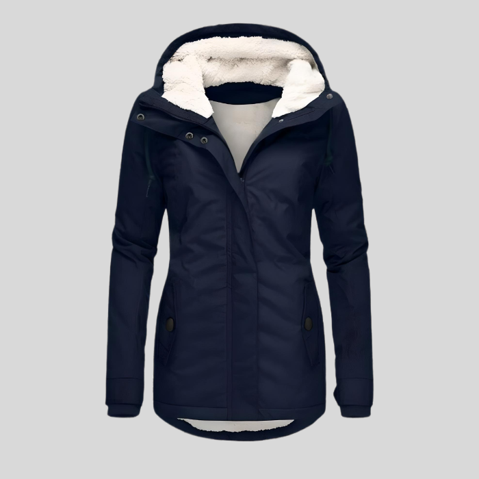 Chic women's waterproof rain jacket with detachable hood, versatile all-weather wear.