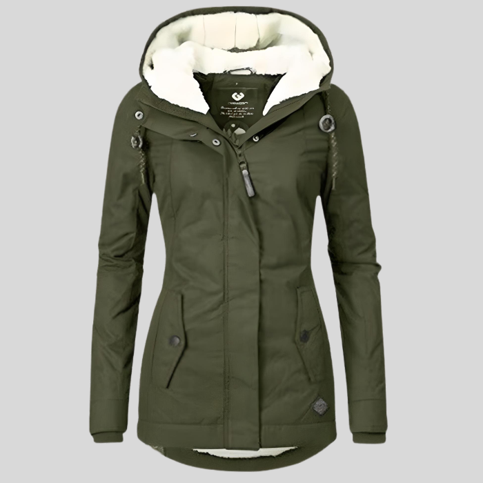 Modern women's all-weather waterproof rain jacket with hood, available in various sizes.