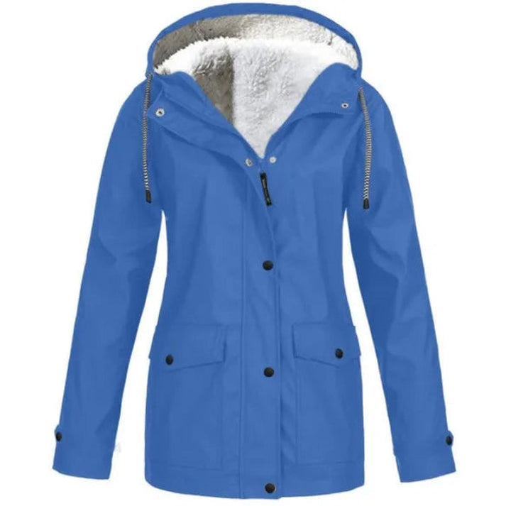 Durable women's hooded jacket, ideal for outdoor adventures. Waterproof, windproof, & fleece-lined for comfort.