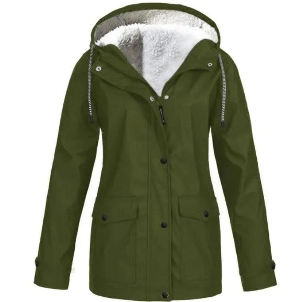 Black women's waterproof jacket, fleece-lined, with hood. Provides excellent wind & rain protection for winter.