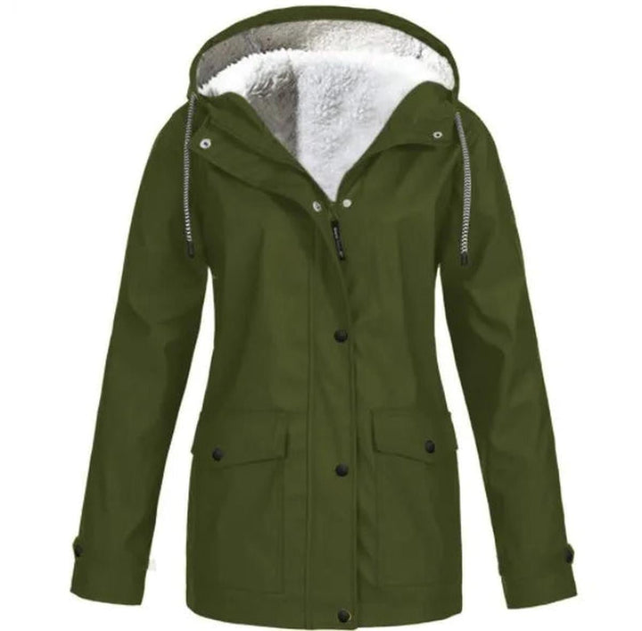 Black women's waterproof jacket, fleece-lined, with hood. Provides excellent wind & rain protection for winter.