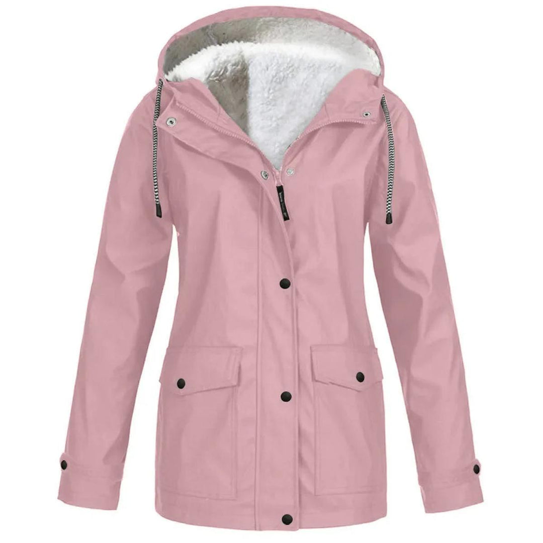 Explore in comfort: women's windproof & waterproof hooded jacket with a cozy fleece lining for warmth.