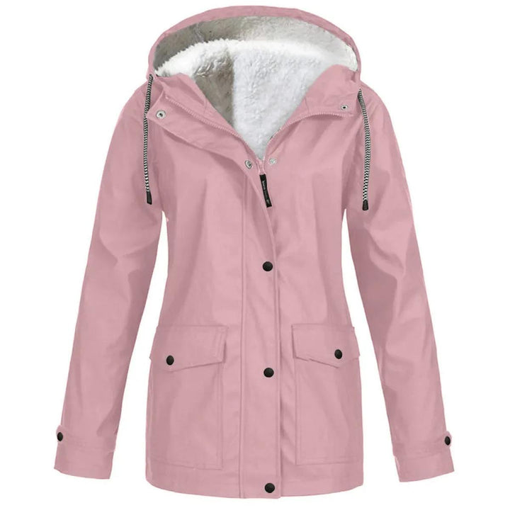 Explore in comfort: women's windproof & waterproof hooded jacket with a cozy fleece lining for warmth.