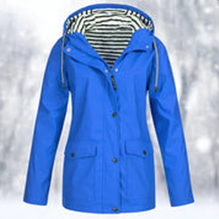 Stylish women's rain jacket with high collar & dual closure; perfect casual windbreaker for all weather.