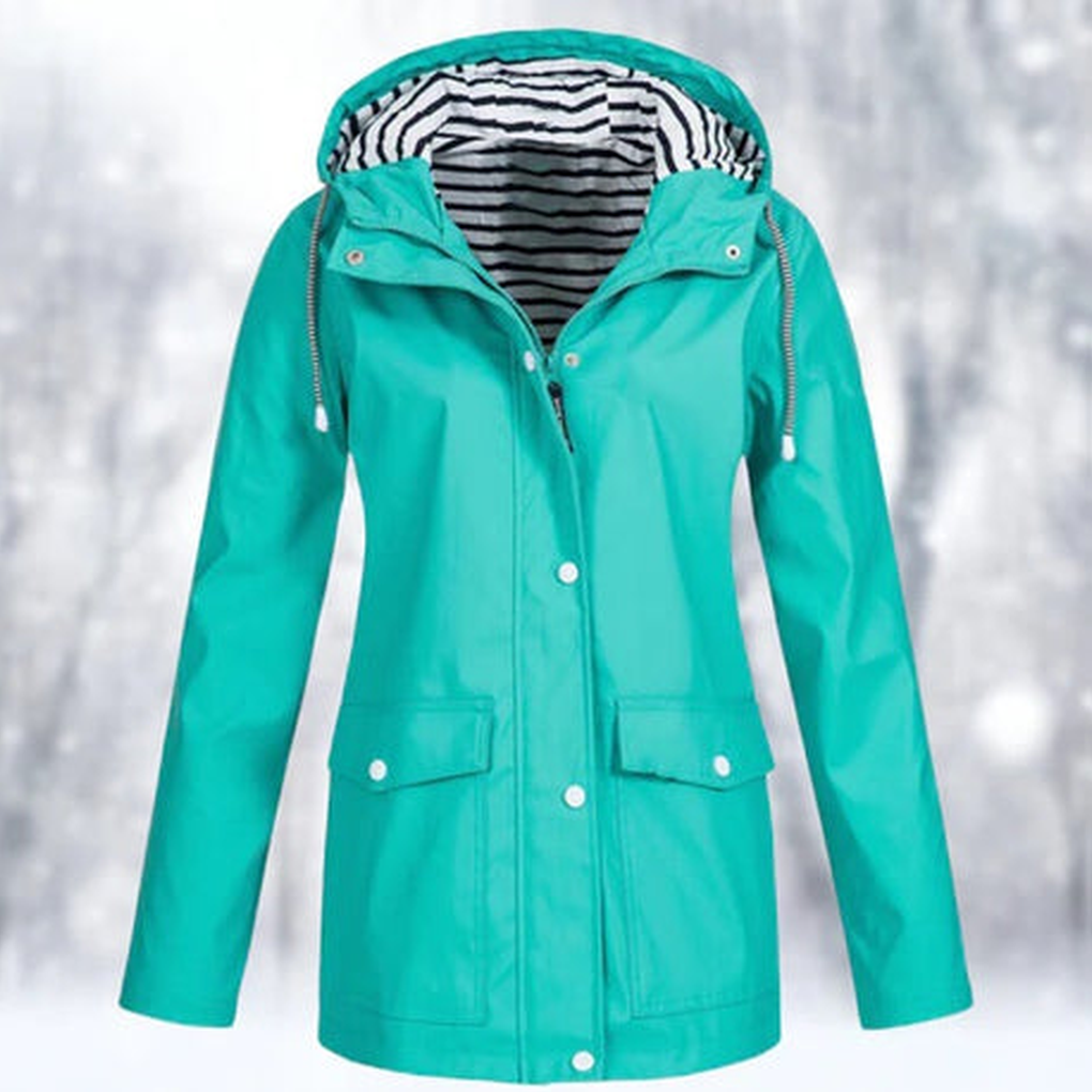 Durable women's weather-protection rain jacket, designed to shield from wind & rain. Essential outerwear.