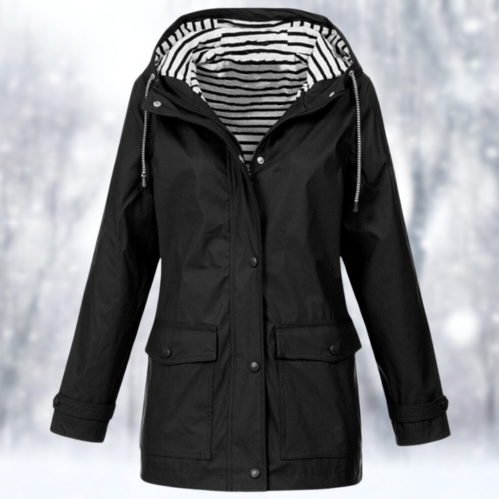 Women's plus size weather-protection rain jacket; comfortable, stylish windbreaker with high collar.