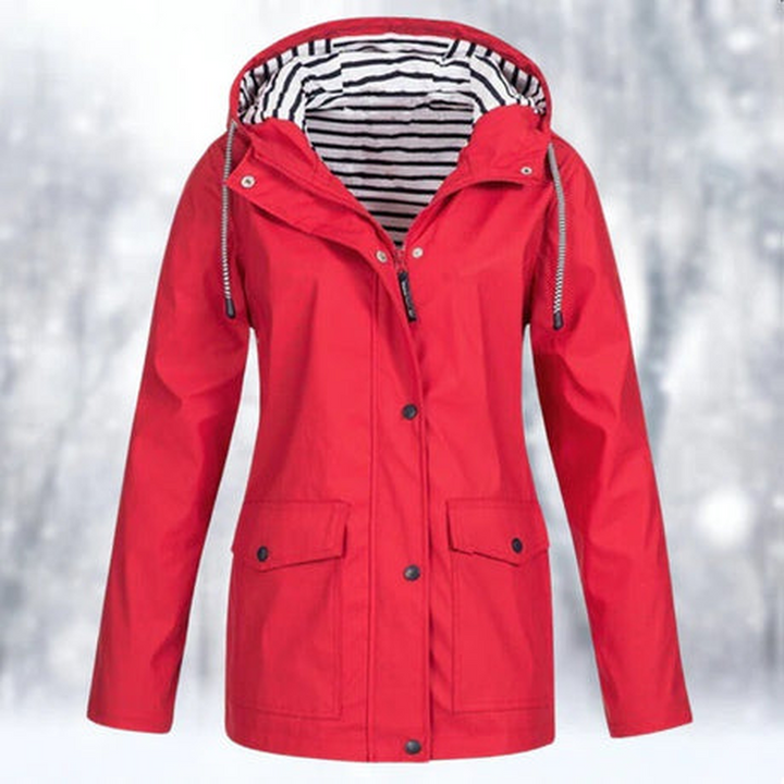 Modern women's weather-protection rain jacket, a stylish windbreaker for spring/fall with high collar.