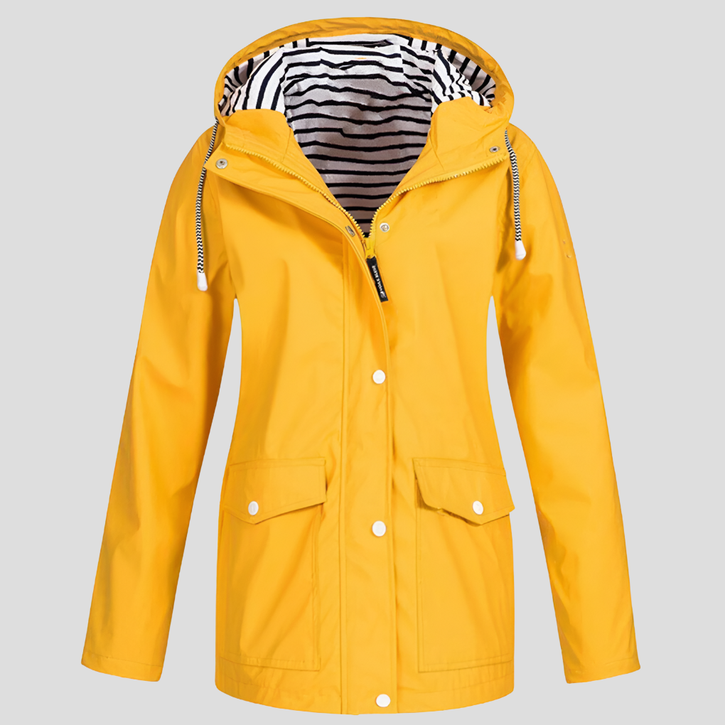Women's weatherproof hooded jacket, front view, perfect for spring rain, wind resistant, lightweight outdoor activewear.