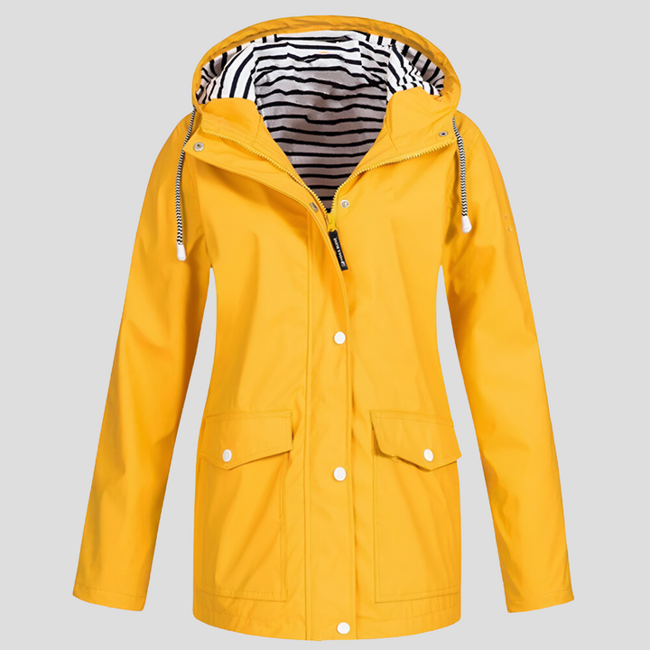 Women's weatherproof hooded jacket, front view, perfect for spring rain, wind resistant, lightweight outdoor activewear.