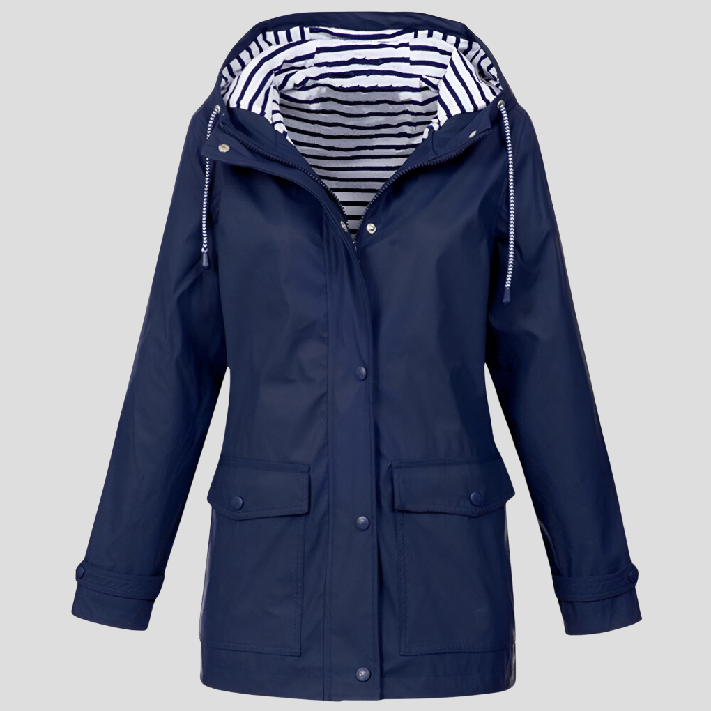 Detail of women's weatherproof hooded jacket, close-up of adjustable hood, ideal for wind and rain protection.