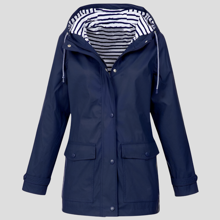 Detail of women's weatherproof hooded jacket, close-up of adjustable hood, ideal for wind and rain protection.