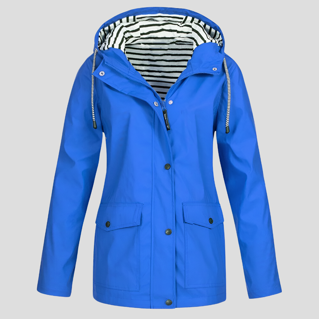 Back view of women's wind resistant hooded jacket, lightweight design for comfortable outdoor and travel adventures.