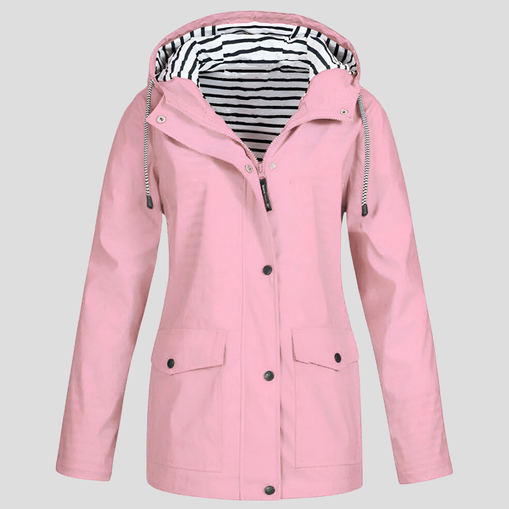Stylish women's weatherproof rain jacket, textured fabric, hooded, ideal for spring/autumn outdoor travel.