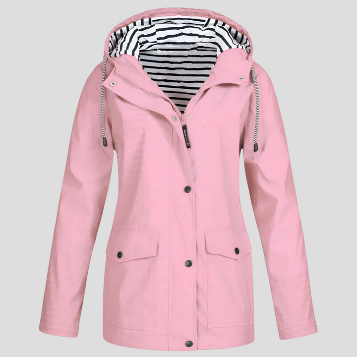 Stylish women's weatherproof rain jacket, textured fabric, hooded, ideal for spring/autumn outdoor travel.
