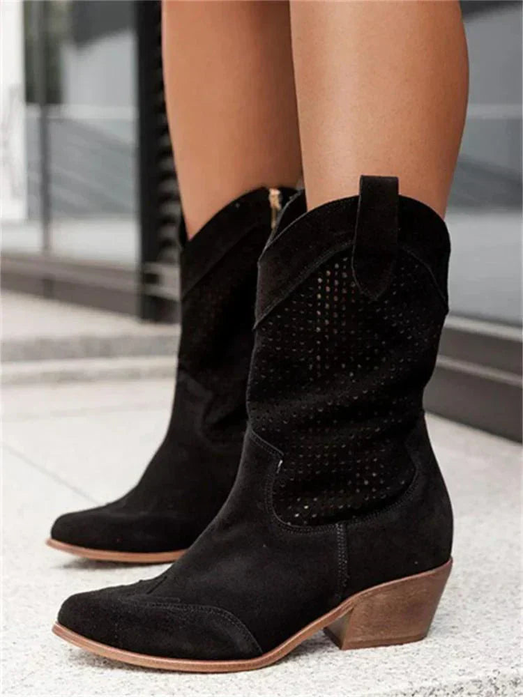 Comfortable women's Western ankle boots, featuring a classic pointed toe and practical block heel design.