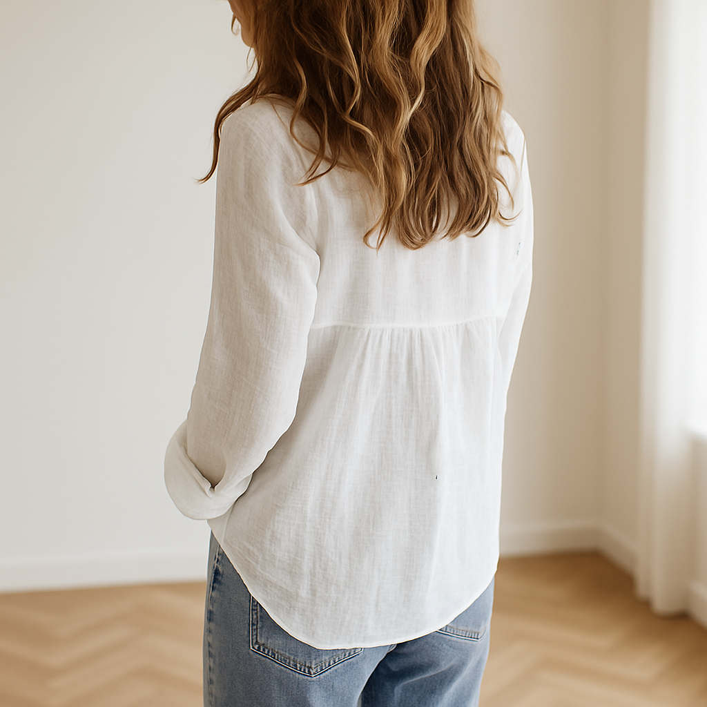 Relaxed fit blue long sleeve women's shirt, a timeless casual top ideal for summer fashion & everyday wear.
