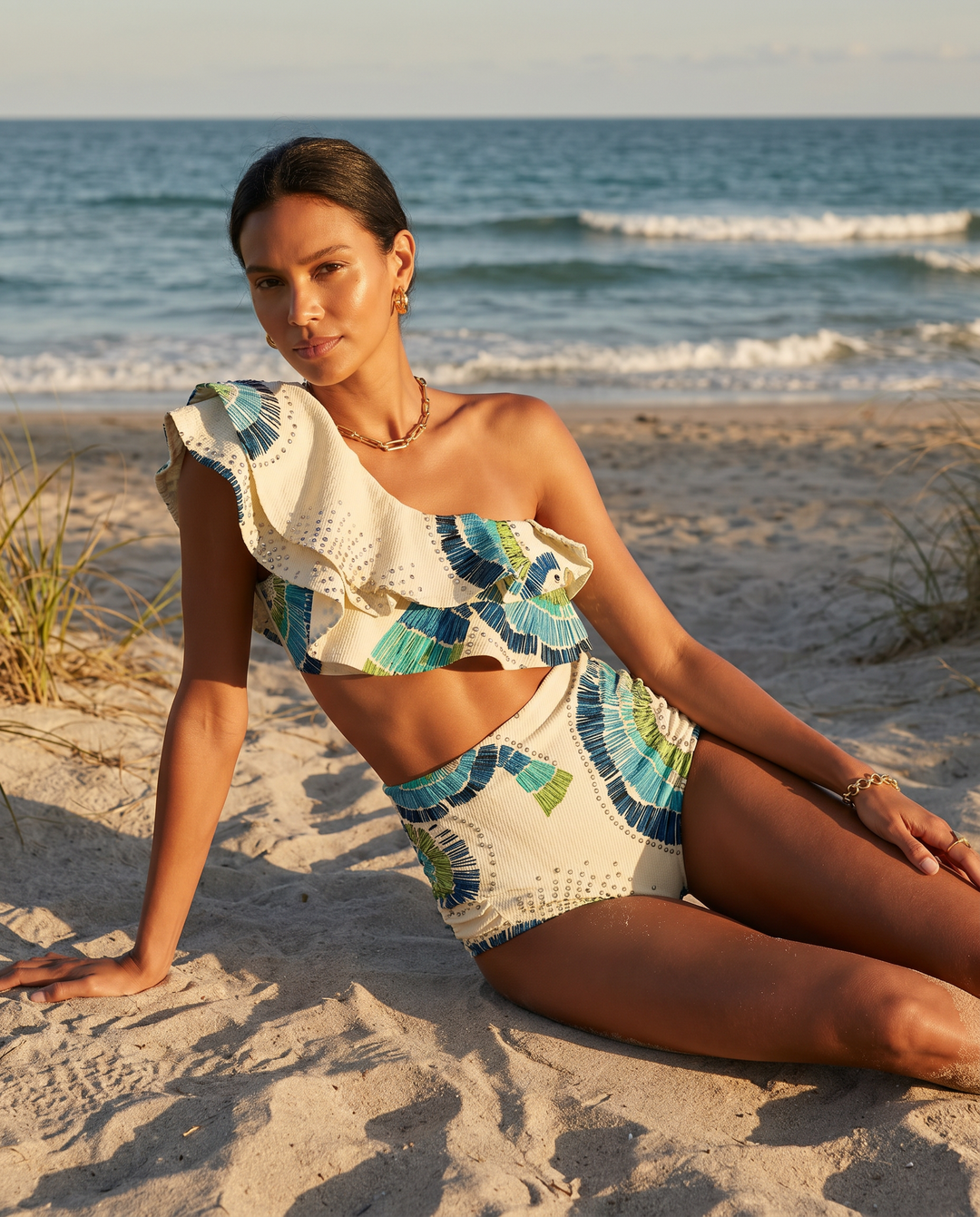 Women's white one-shoulder high-waist bikini set, elegant beachwear for summer.