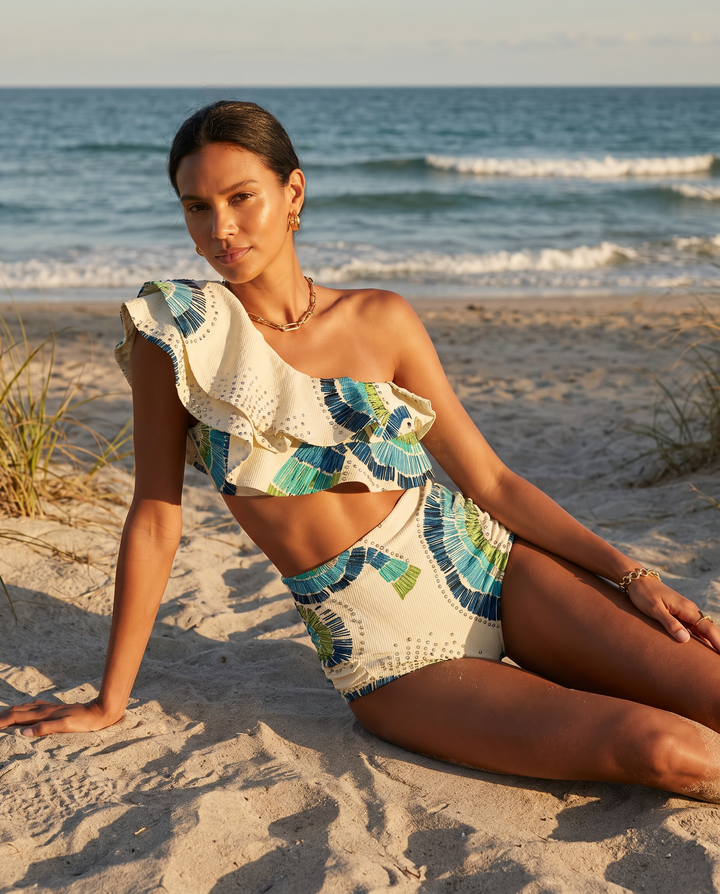 Women's white one-shoulder high-waist bikini set, elegant beachwear for summer.