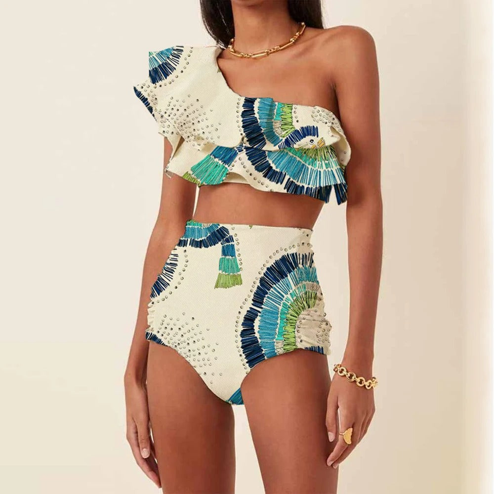 Elegant white one-shoulder bikini set with high-waist bottom, comfortable women's swimwear.